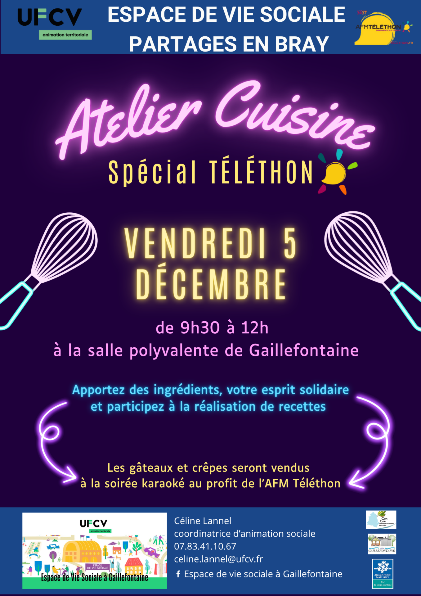 Atelier cuisine telethon 5 decembre evs partages en bray 