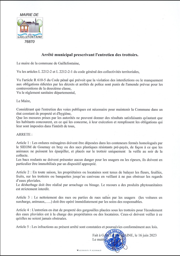 J entretiens mon trottoir arrete du 16 06 2023