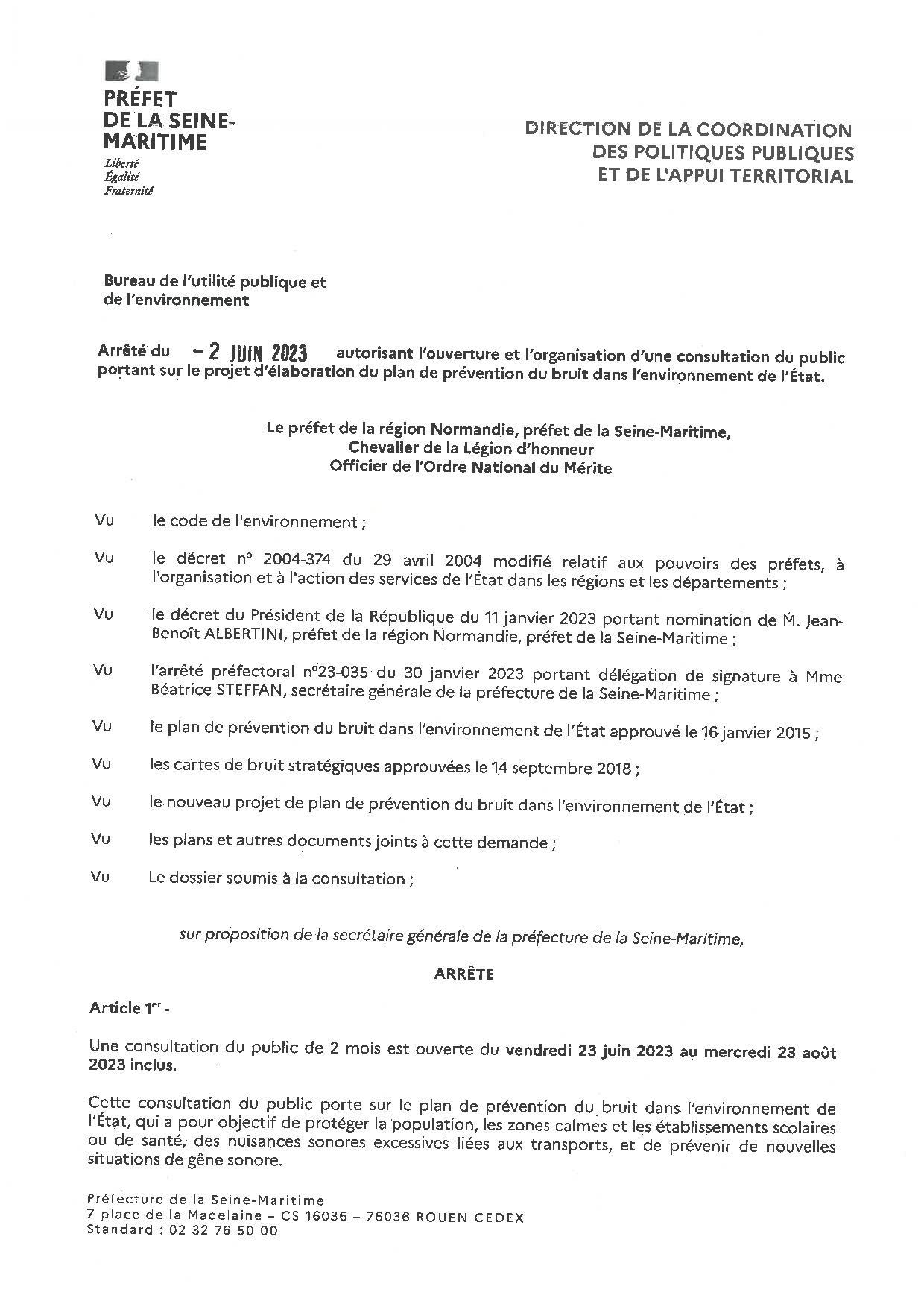 Projet elaboration plan prevention du bruit arrete